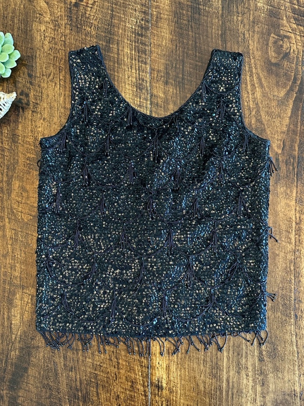 Imperial Imports | VTG 60s Black Beaded Wool Tank Top Sequin Fringe Glam, Size S